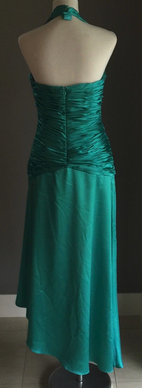 MANCINI Halter Neck Dress Size 12 Jade Green Ruched Satin Parties Formals NEW