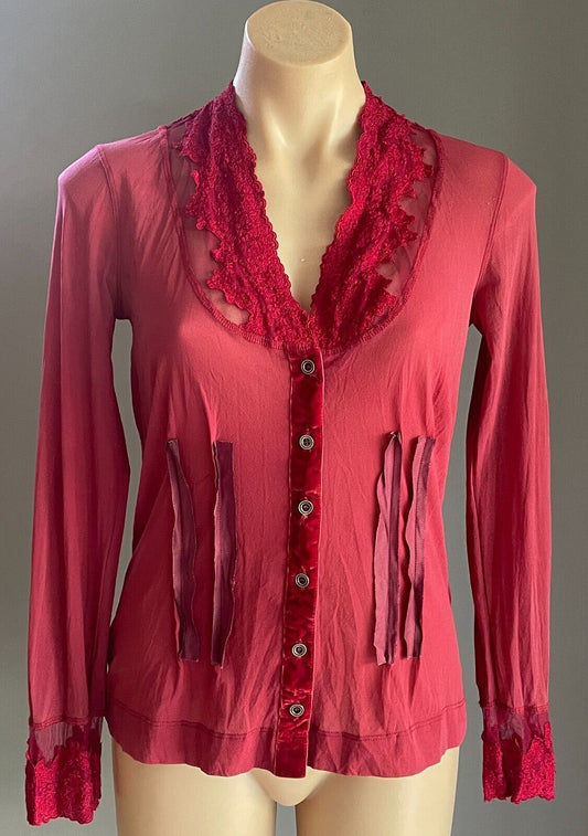NZ VERGE Cardigan Size S 10 Berry Red Stretch Mesh Lace Velour Ribbons Buttons