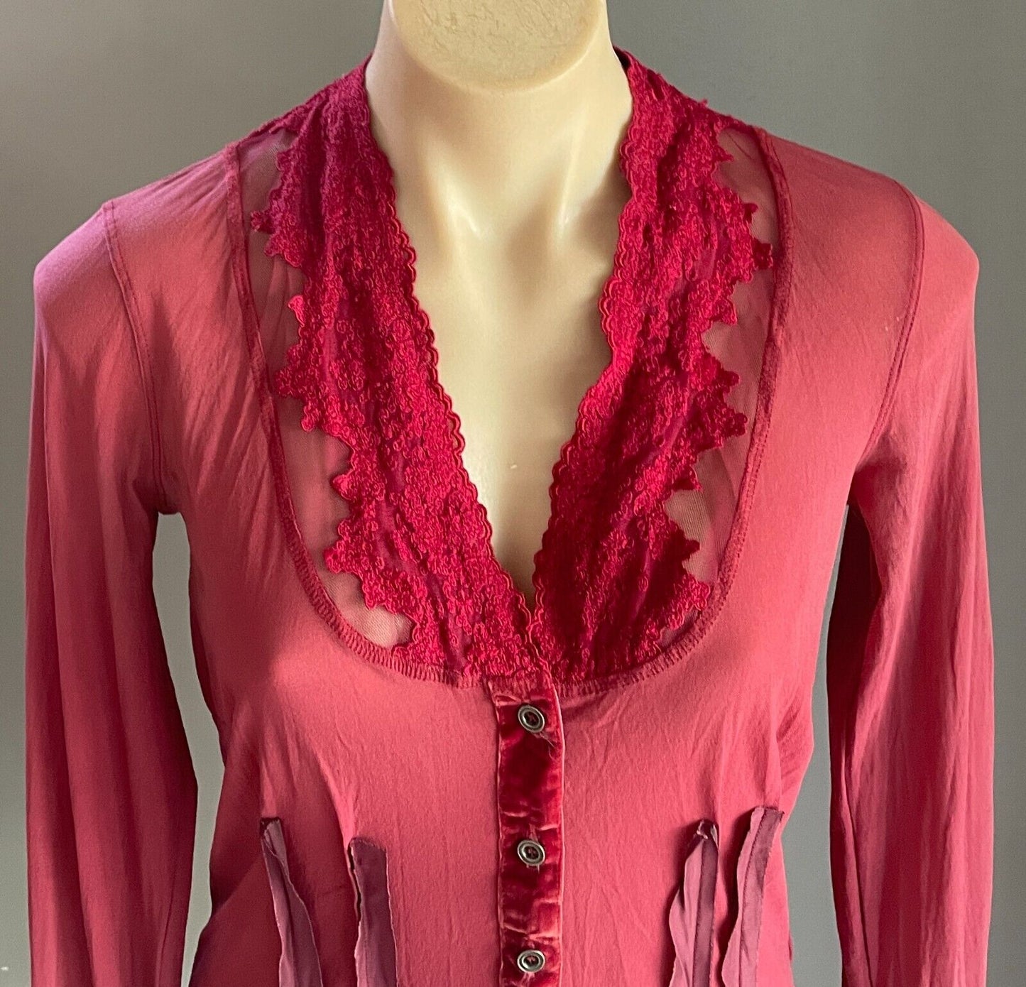 NZ VERGE Cardigan Size S 10 Berry Red Stretch Mesh Lace Velour Ribbons Buttons