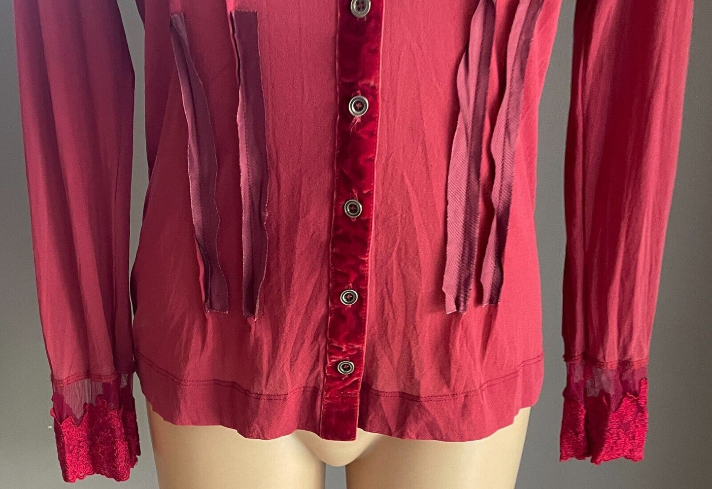 NZ VERGE Cardigan Size S 10 Berry Red Stretch Mesh Lace Velour Ribbons Buttons