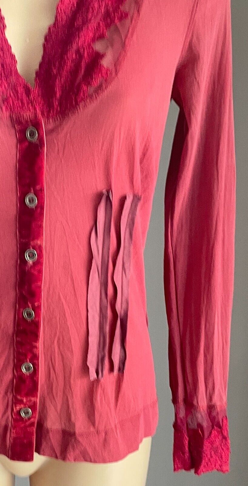 NZ VERGE Cardigan Size S 10 Berry Red Stretch Mesh Lace Velour Ribbons Buttons