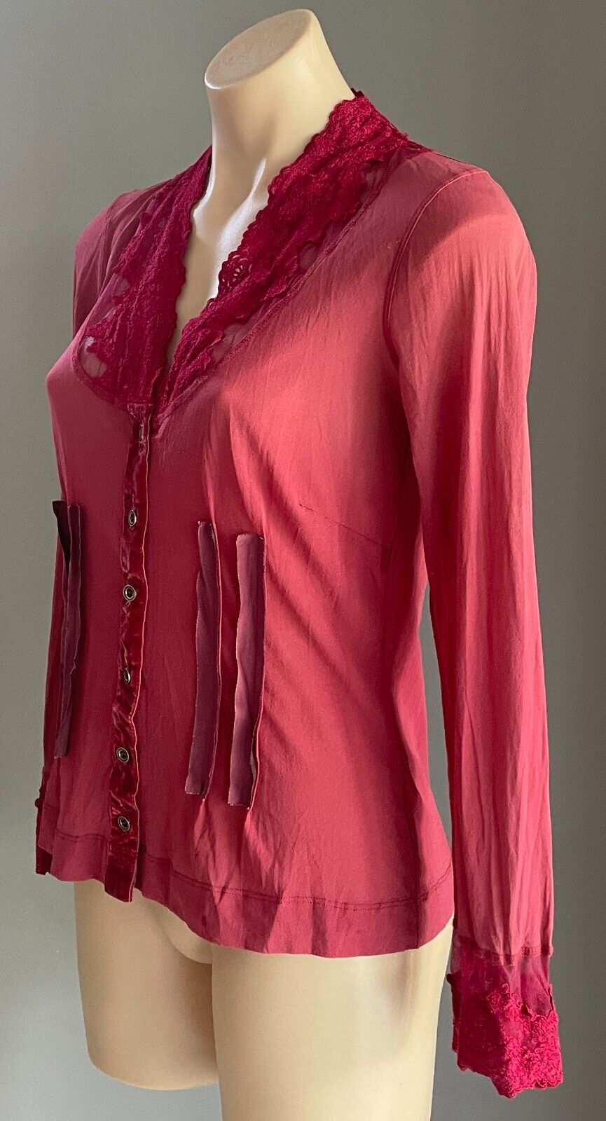 NZ VERGE Cardigan Size S 10 Berry Red Stretch Mesh Lace Velour Ribbons Buttons