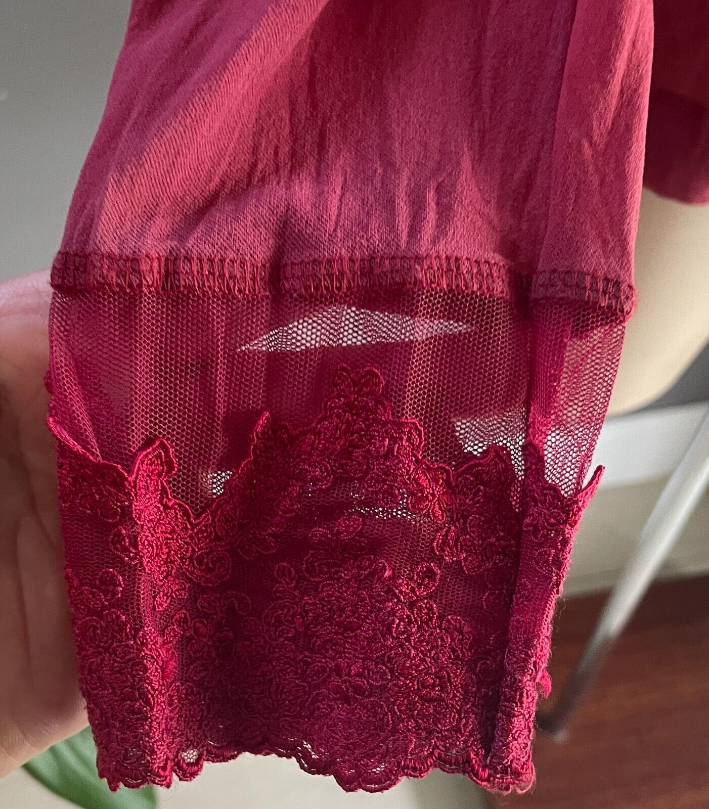NZ VERGE Cardigan Size S 10 Berry Red Stretch Mesh Lace Velour Ribbons Buttons