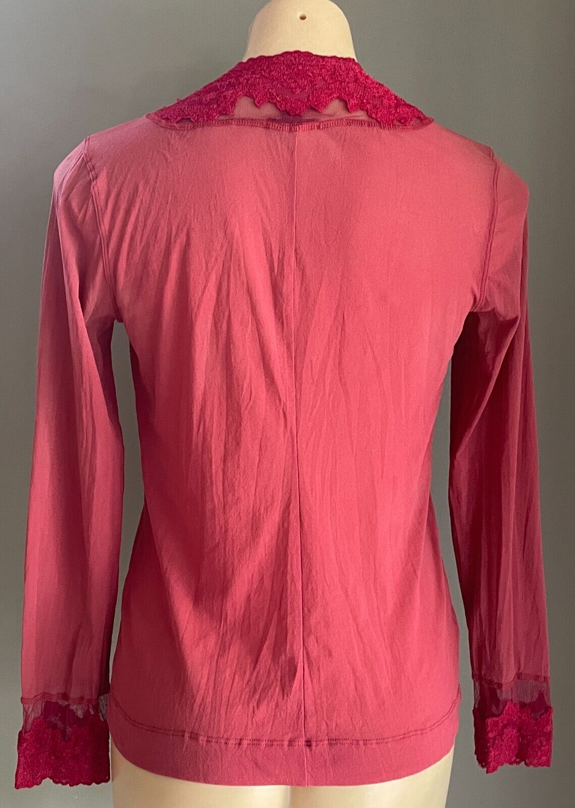 NZ VERGE Cardigan Size S 10 Berry Red Stretch Mesh Lace Velour Ribbons Buttons