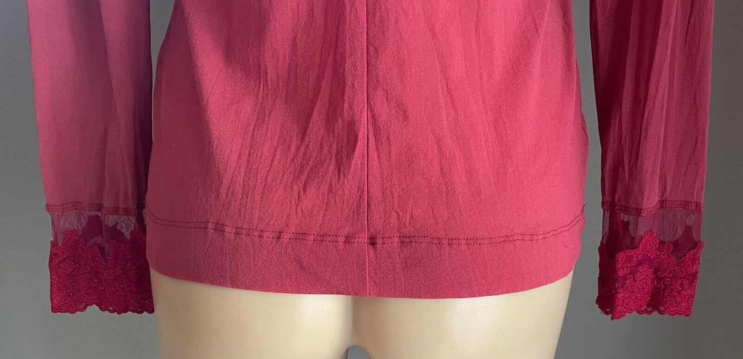 NZ VERGE Cardigan Size S 10 Berry Red Stretch Mesh Lace Velour Ribbons Buttons