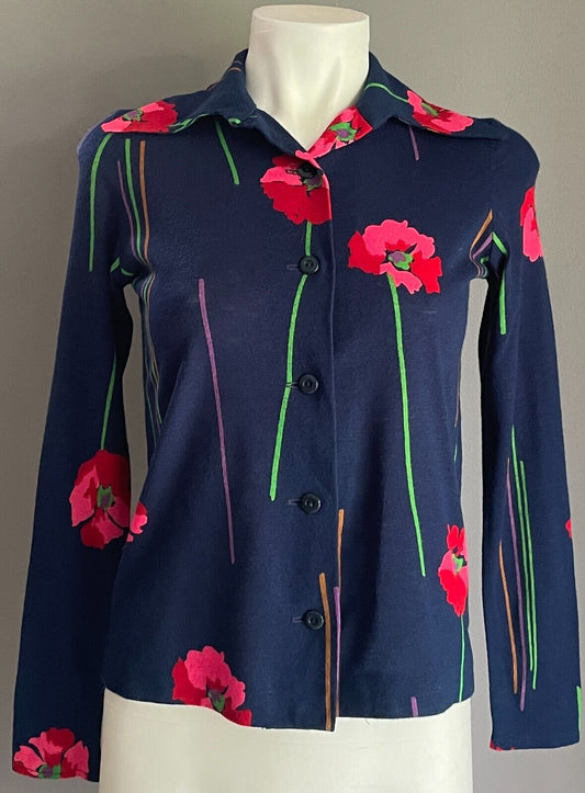 Vtg 70s JOSEPH MAGNIN Shirt Size 8 Navy Bold Floral Button Front Long Sleeves