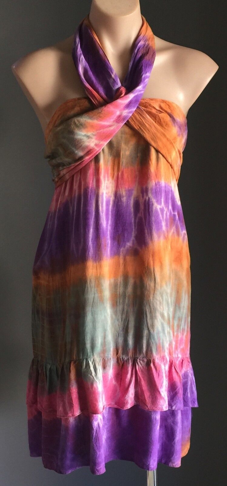 Hippie Halter Neck Dress Size 10 12 Shirred Bright MultiColoured Tie Dye Beach
