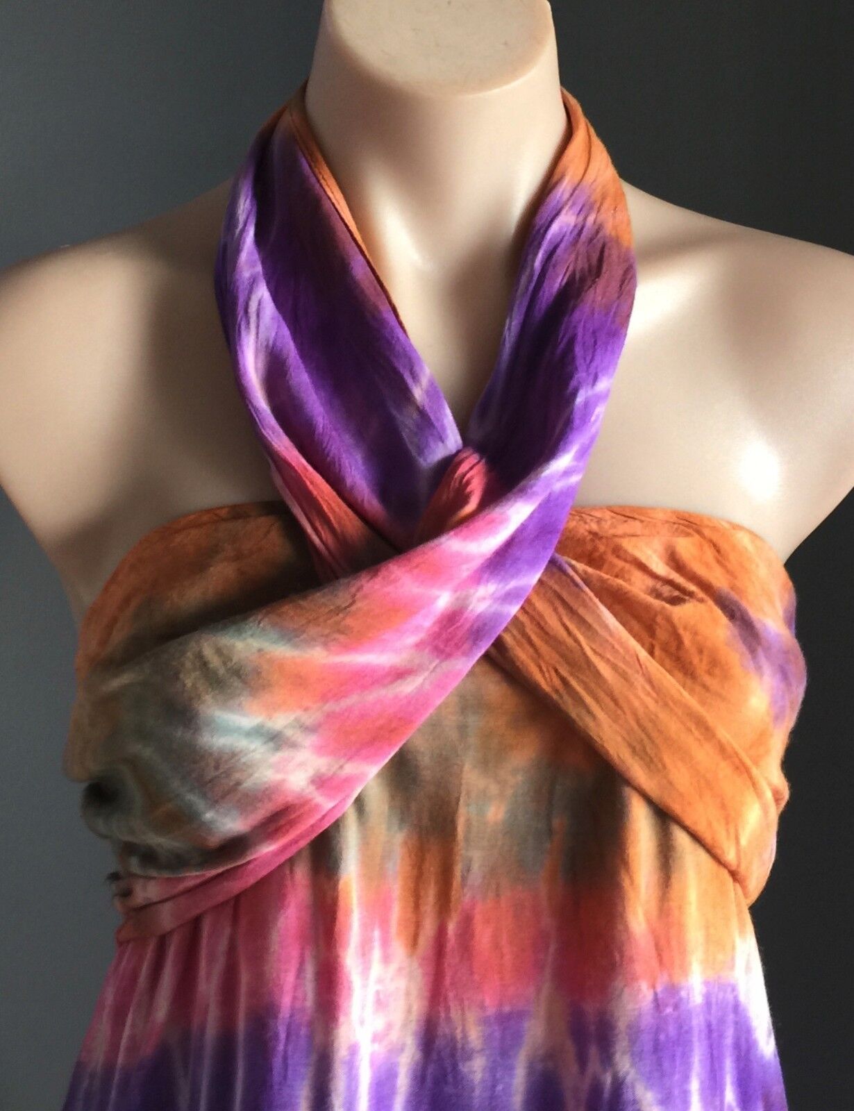 Hippie Halter Neck Dress Size 10 12 Shirred Bright MultiColoured Tie Dye Beach