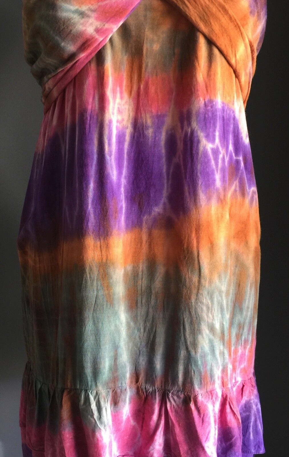 Hippie Halter Neck Dress Size 10 12 Shirred Bright MultiColoured Tie Dye Beach