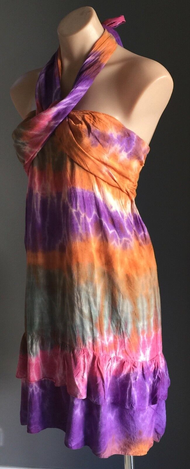 Hippie Halter Neck Dress Size 10 12 Shirred Bright MultiColoured Tie Dye Beach