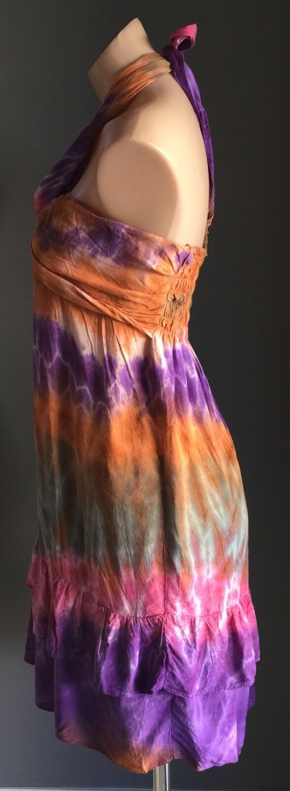 Hippie Halter Neck Dress Size 10 12 Shirred Bright MultiColoured Tie Dye Beach