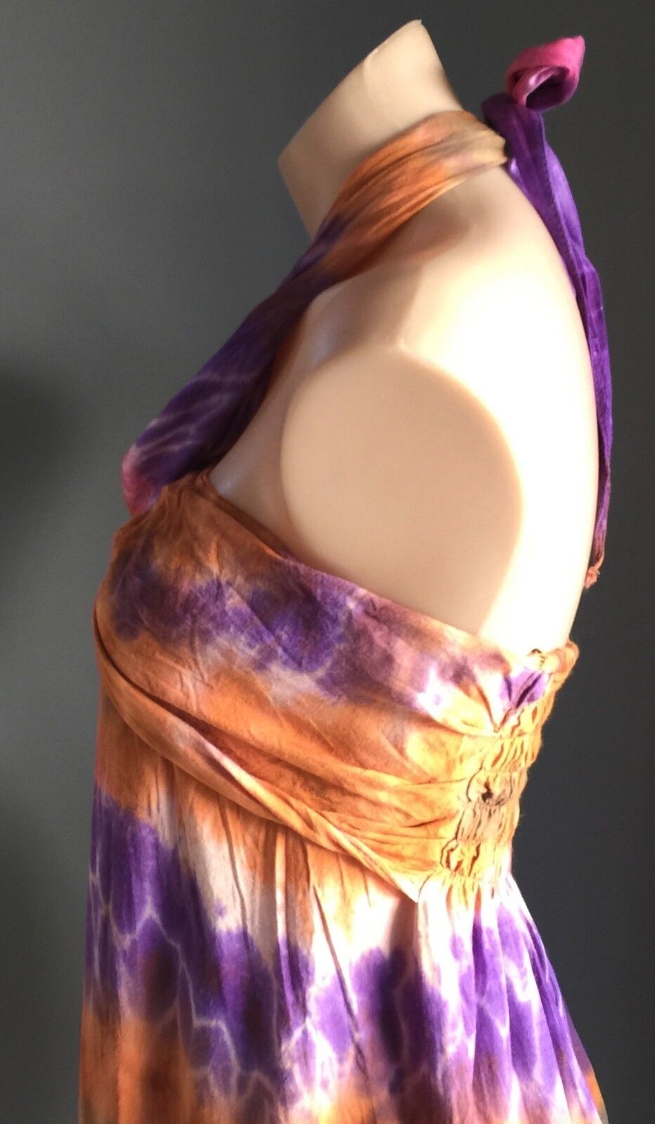 Hippie Halter Neck Dress Size 10 12 Shirred Bright MultiColoured Tie Dye Beach