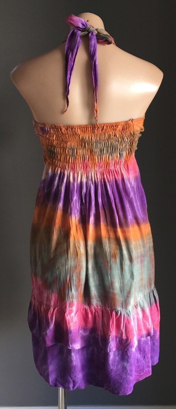Hippie Halter Neck Dress Size 10 12 Shirred Bright MultiColoured Tie Dye Beach