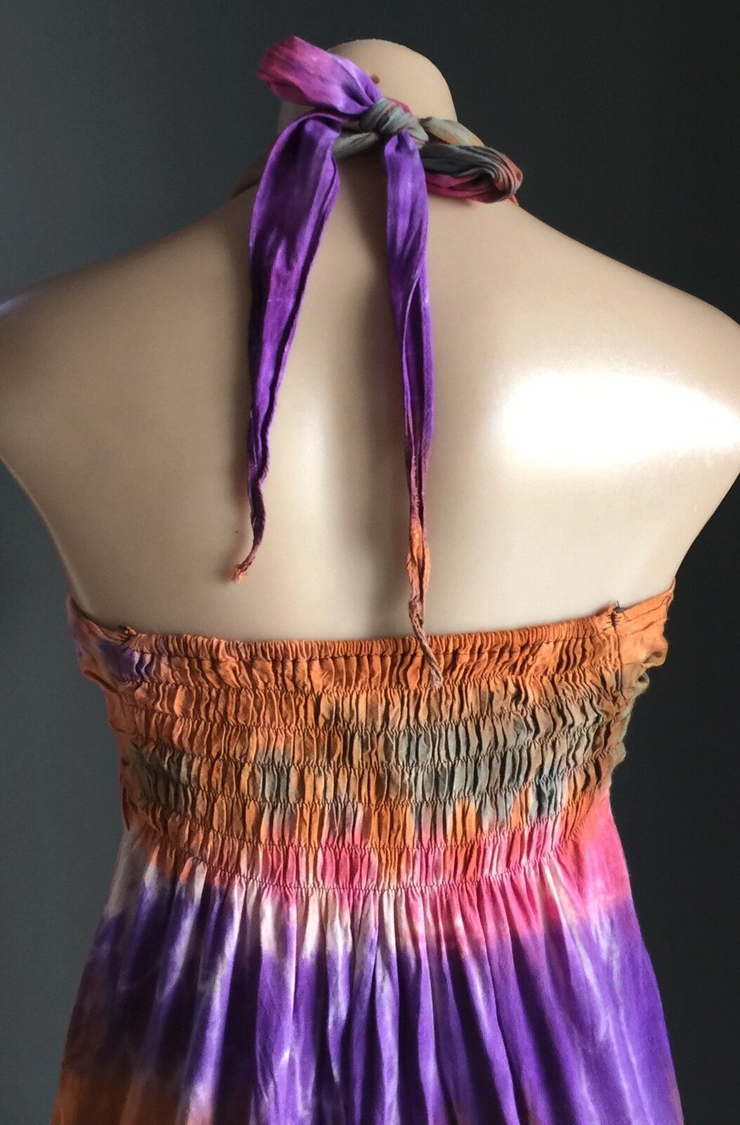 Hippie Halter Neck Dress Size 10 12 Shirred Bright MultiColoured Tie Dye Beach