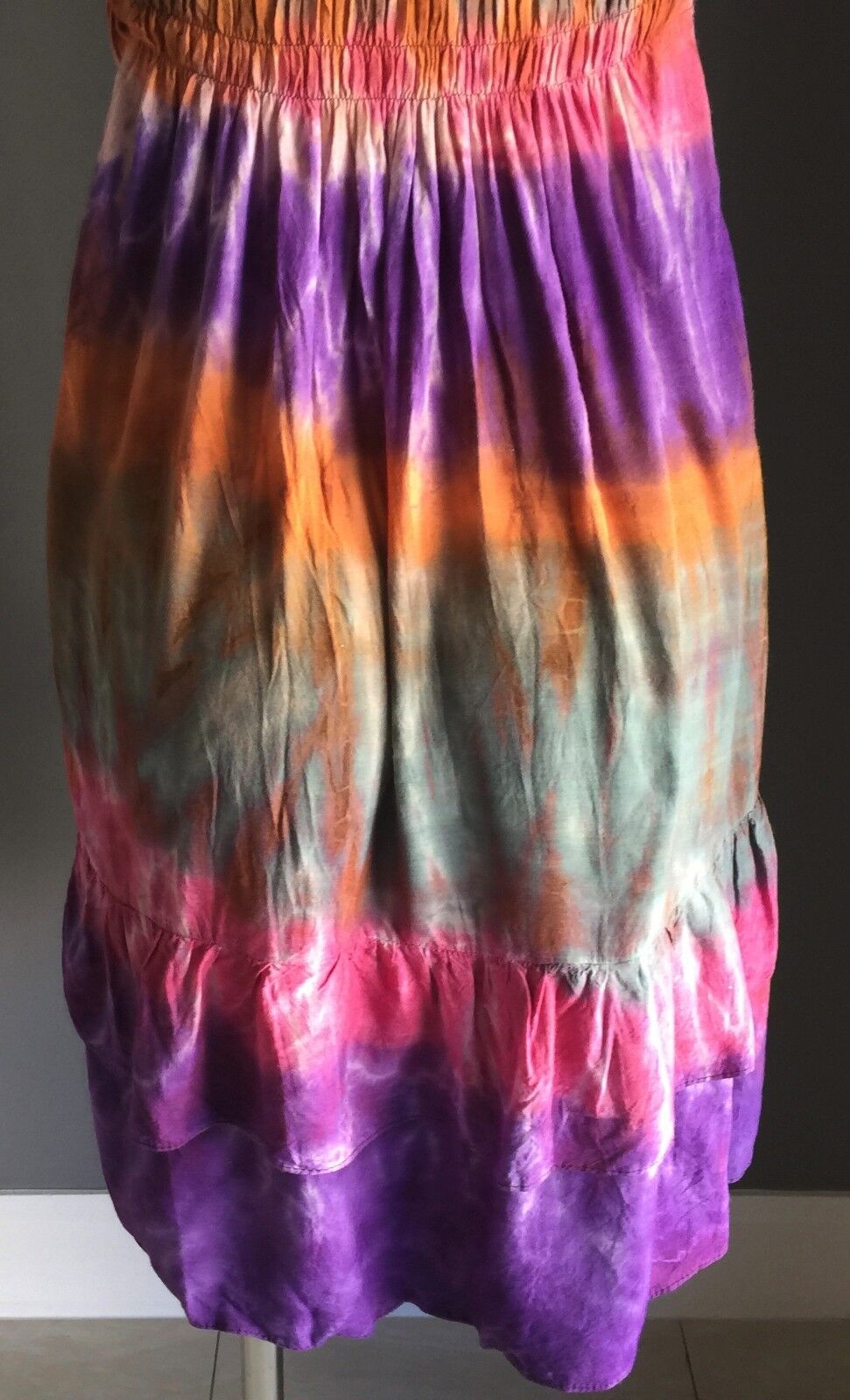 Hippie Halter Neck Dress Size 10 12 Shirred Bright MultiColoured Tie Dye Beach
