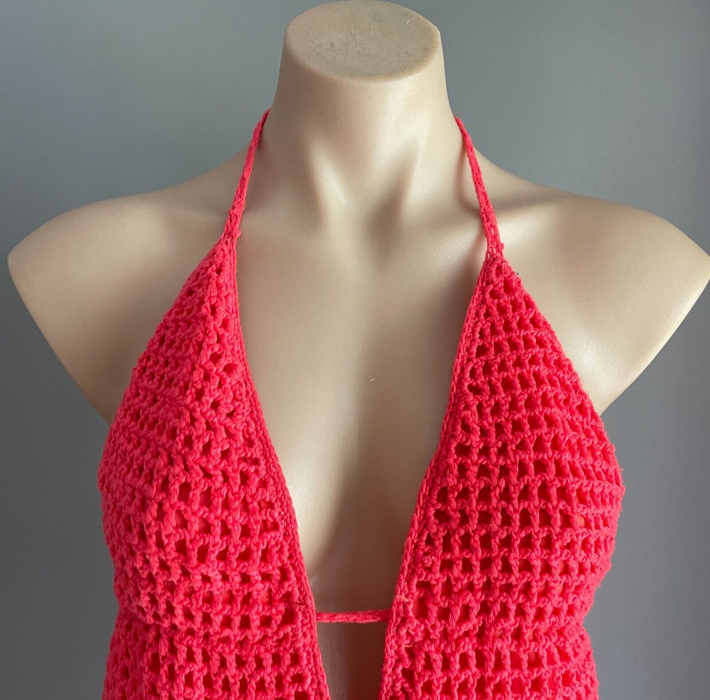 REVERSE Crochet Mini Dress Size S 10 12 Coral Red Halter Neck Lined Festival Fab