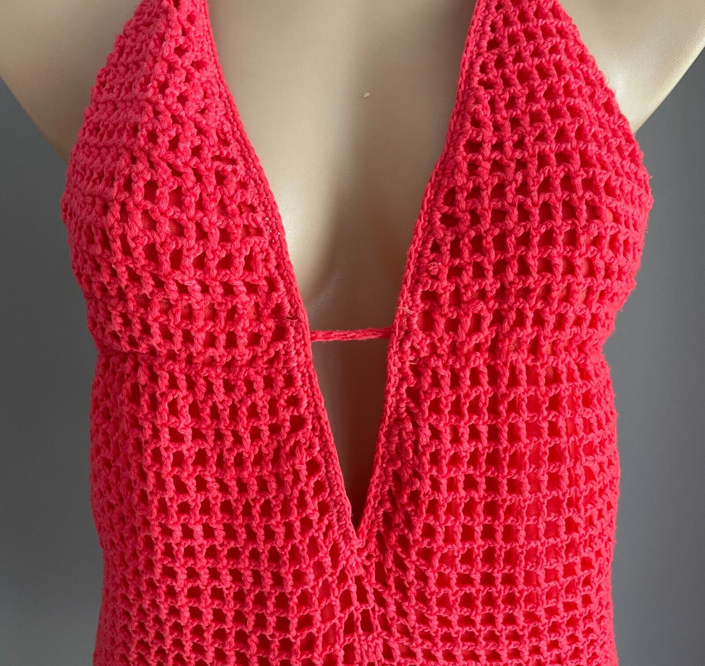 REVERSE Crochet Mini Dress Size S 10 12 Coral Red Halter Neck Lined Festival Fab