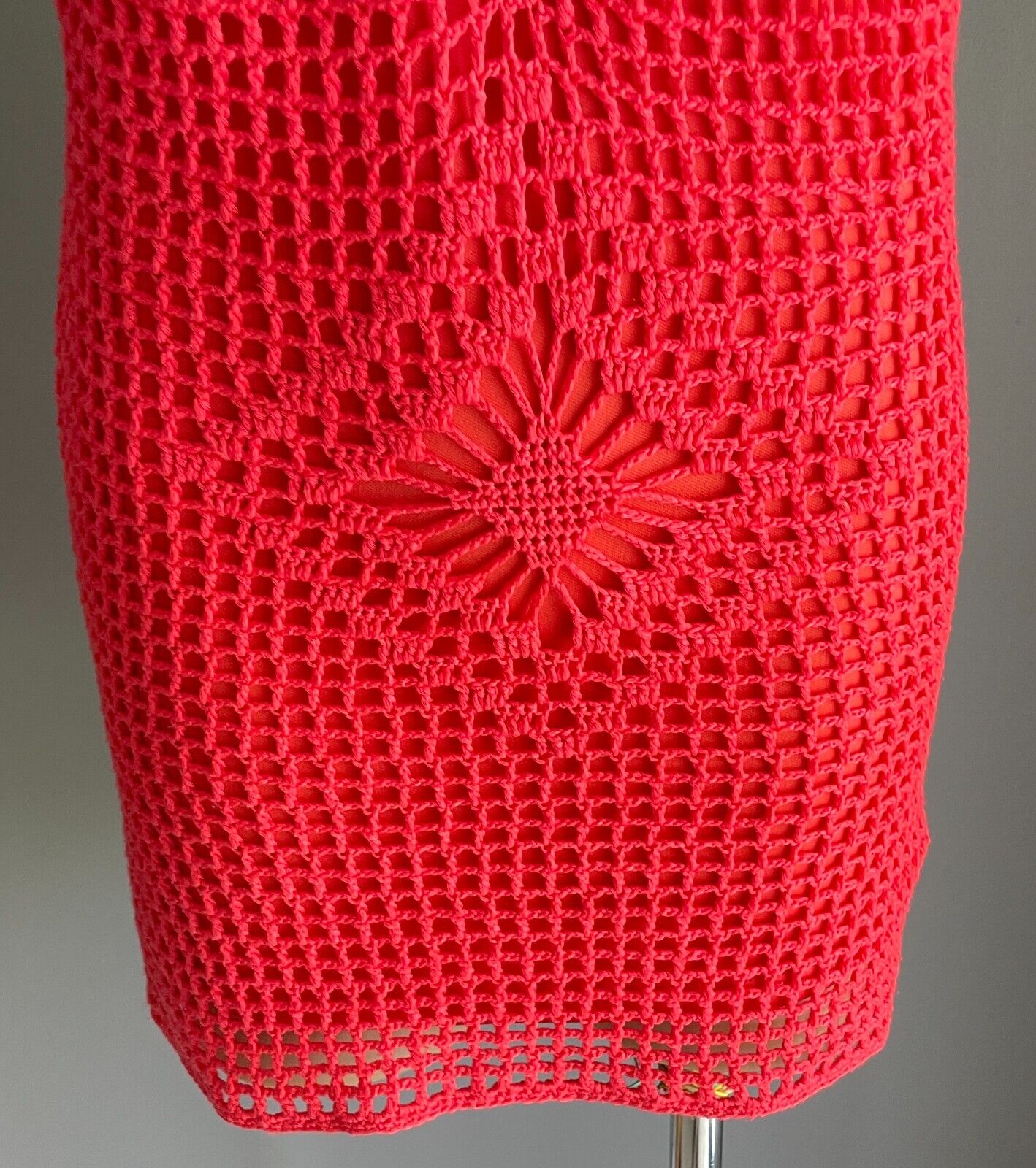 REVERSE Crochet Mini Dress Size S 10 12 Coral Red Halter Neck Lined Festival Fab