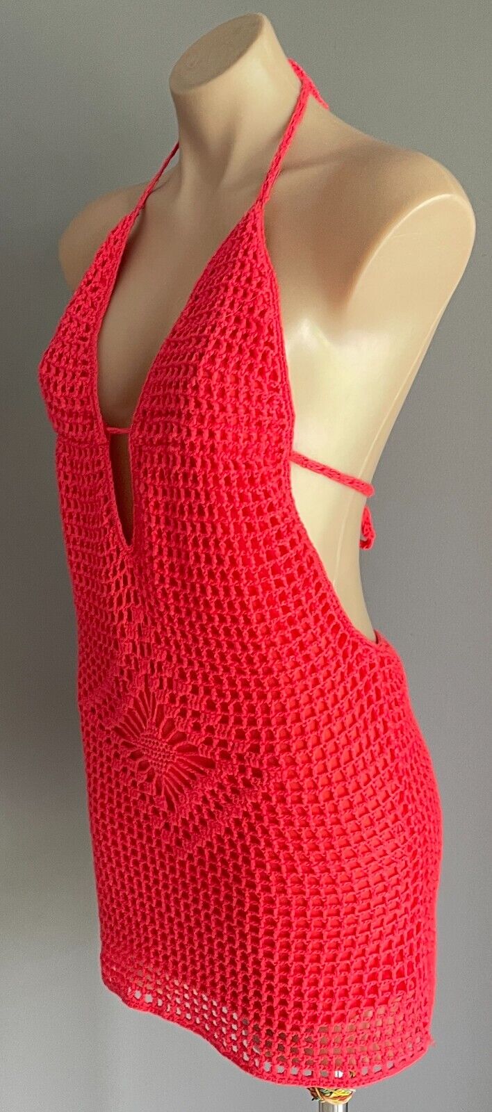 REVERSE Crochet Mini Dress Size S 10 12 Coral Red Halter Neck Lined Festival Fab