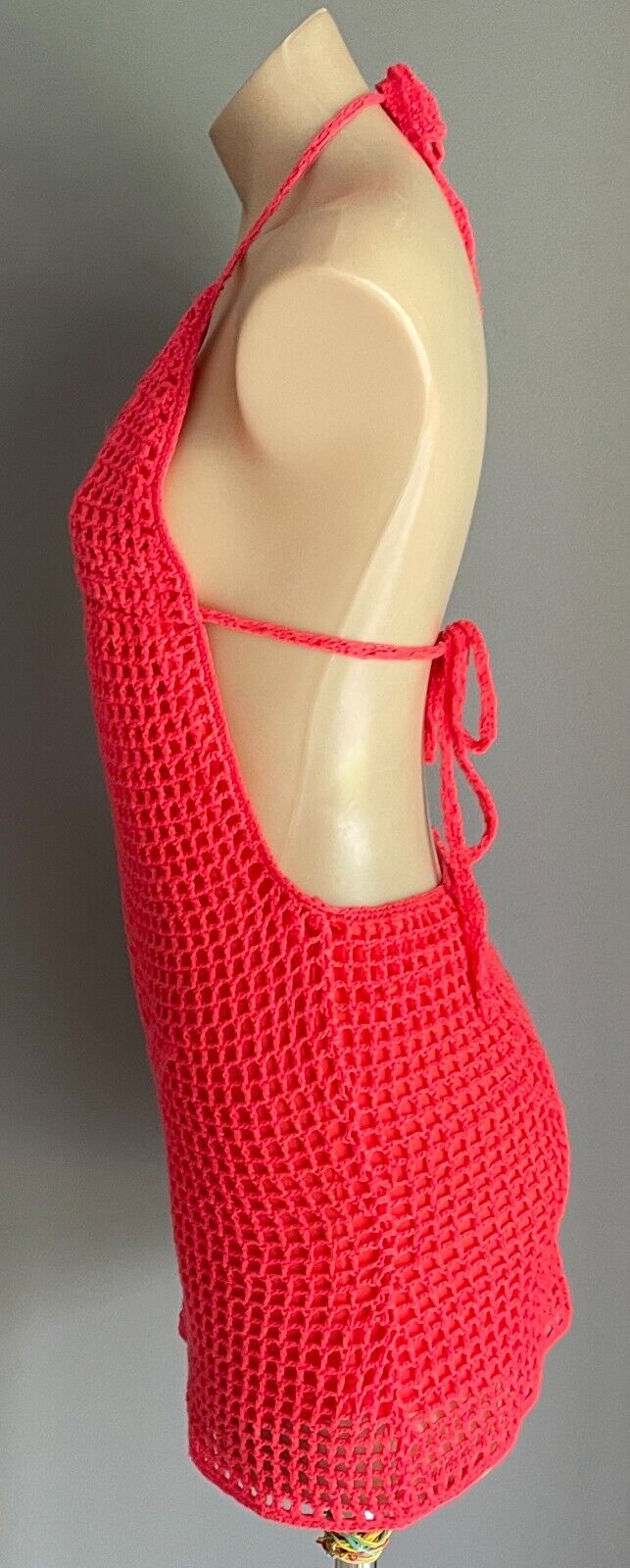 REVERSE Crochet Mini Dress Size S 10 12 Coral Red Halter Neck Lined Festival Fab