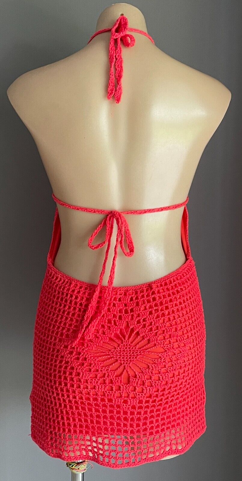 REVERSE Crochet Mini Dress Size S 10 12 Coral Red Halter Neck Lined Festival Fab