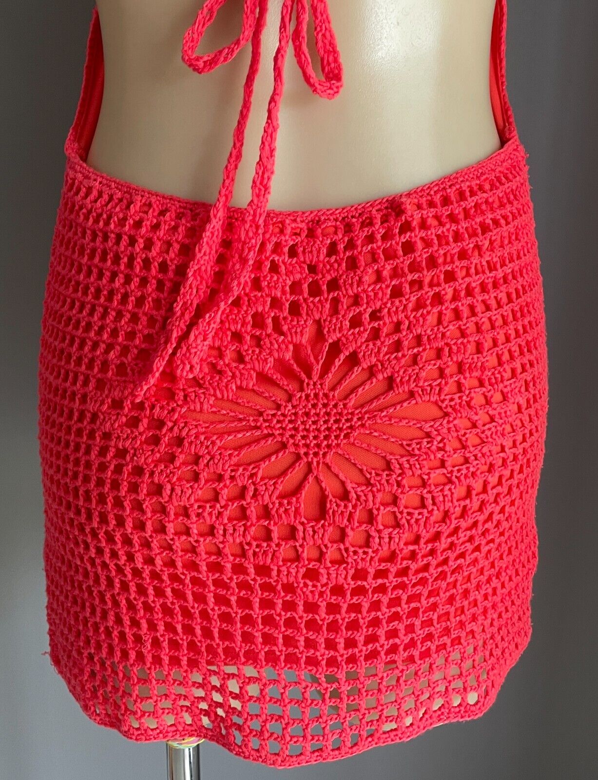 REVERSE Crochet Mini Dress Size S 10 12 Coral Red Halter Neck Lined Festival Fab
