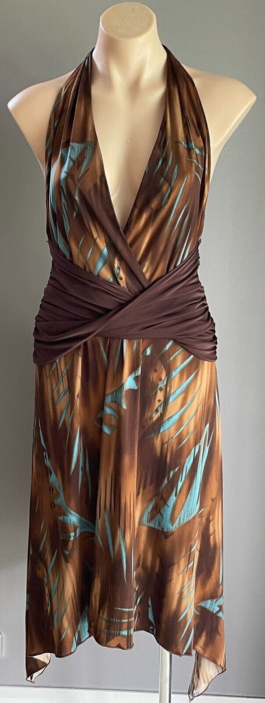 MARTINI Halter Neck Dress Size 12 10 Brown Shades  & Blue Stretch Dip Hem Midi