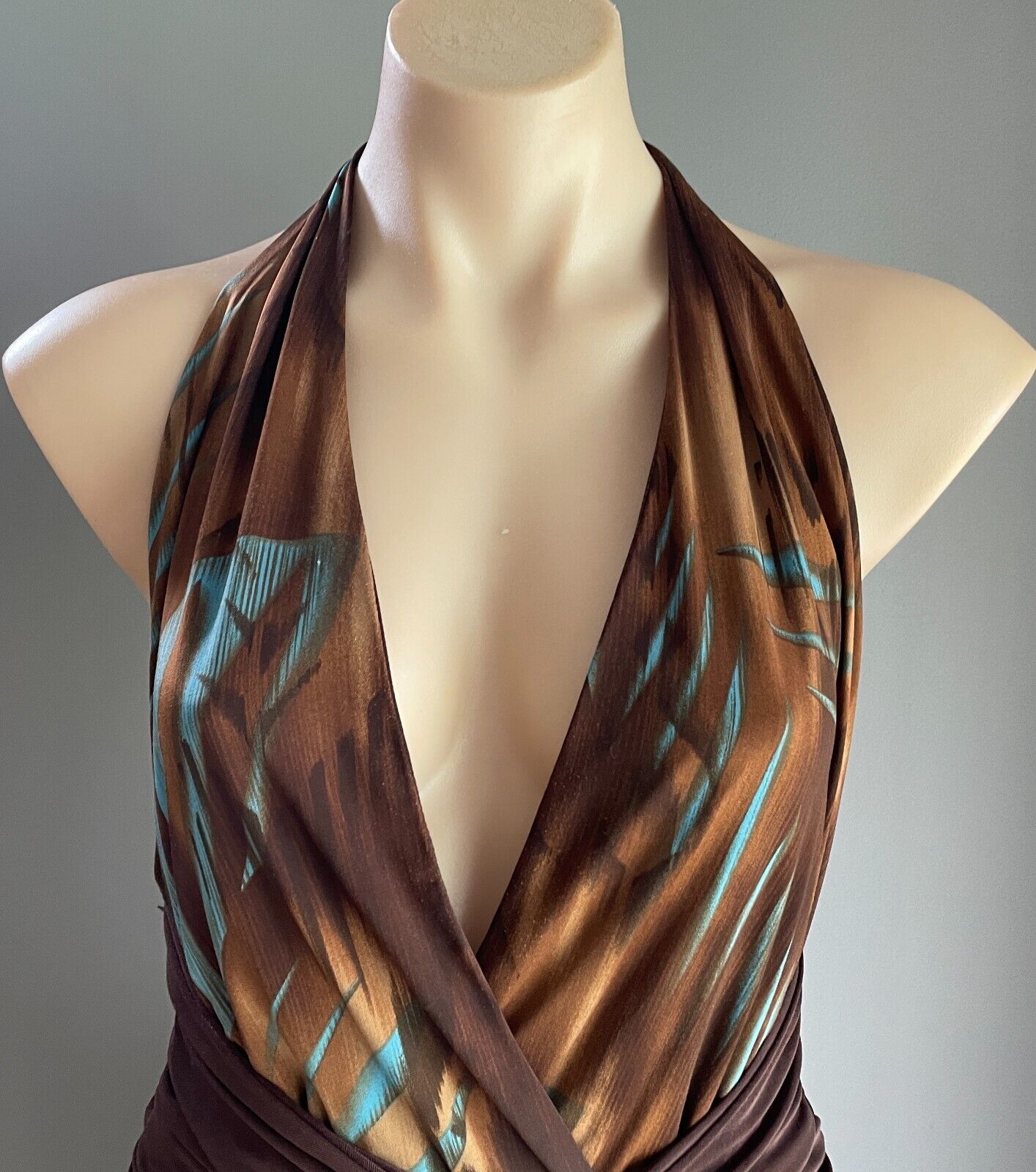 MARTINI Halter Neck Dress Size 12 10 Brown Shades  & Blue Stretch Dip Hem Midi