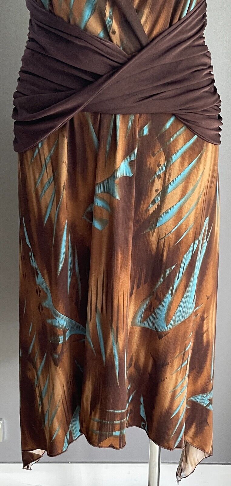 MARTINI Halter Neck Dress Size 12 10 Brown Shades  & Blue Stretch Dip Hem Midi