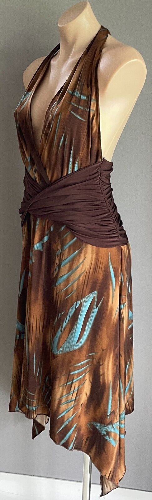 MARTINI Halter Neck Dress Size 12 10 Brown Shades  & Blue Stretch Dip Hem Midi
