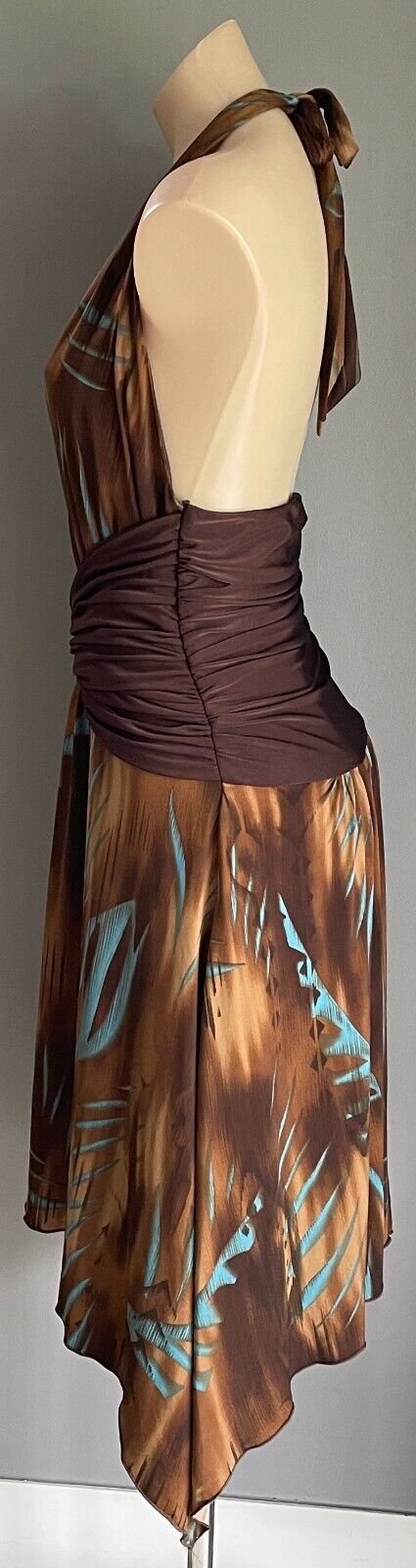 MARTINI Halter Neck Dress Size 12 10 Brown Shades  & Blue Stretch Dip Hem Midi