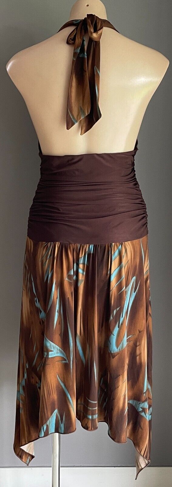 MARTINI Halter Neck Dress Size 12 10 Brown Shades  & Blue Stretch Dip Hem Midi