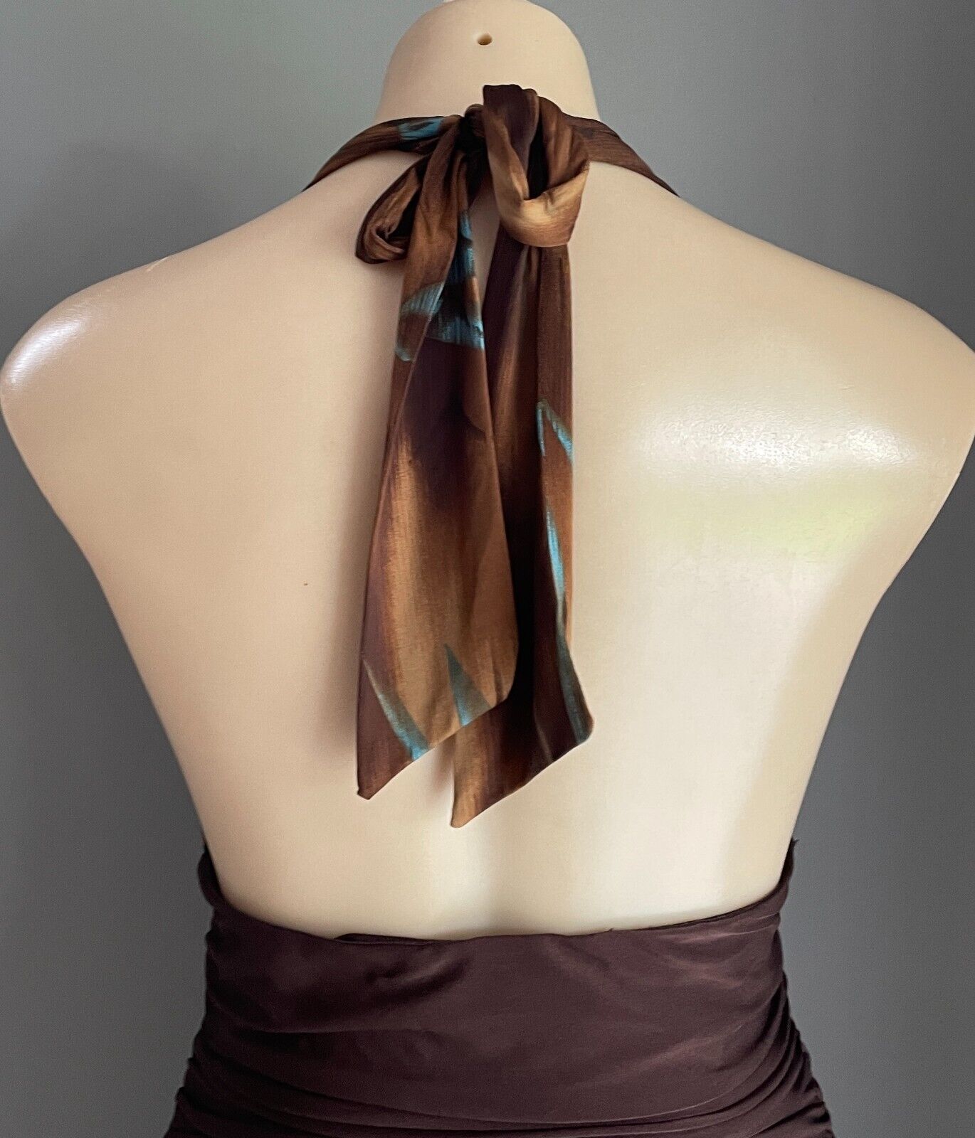 MARTINI Halter Neck Dress Size 12 10 Brown Shades  & Blue Stretch Dip Hem Midi