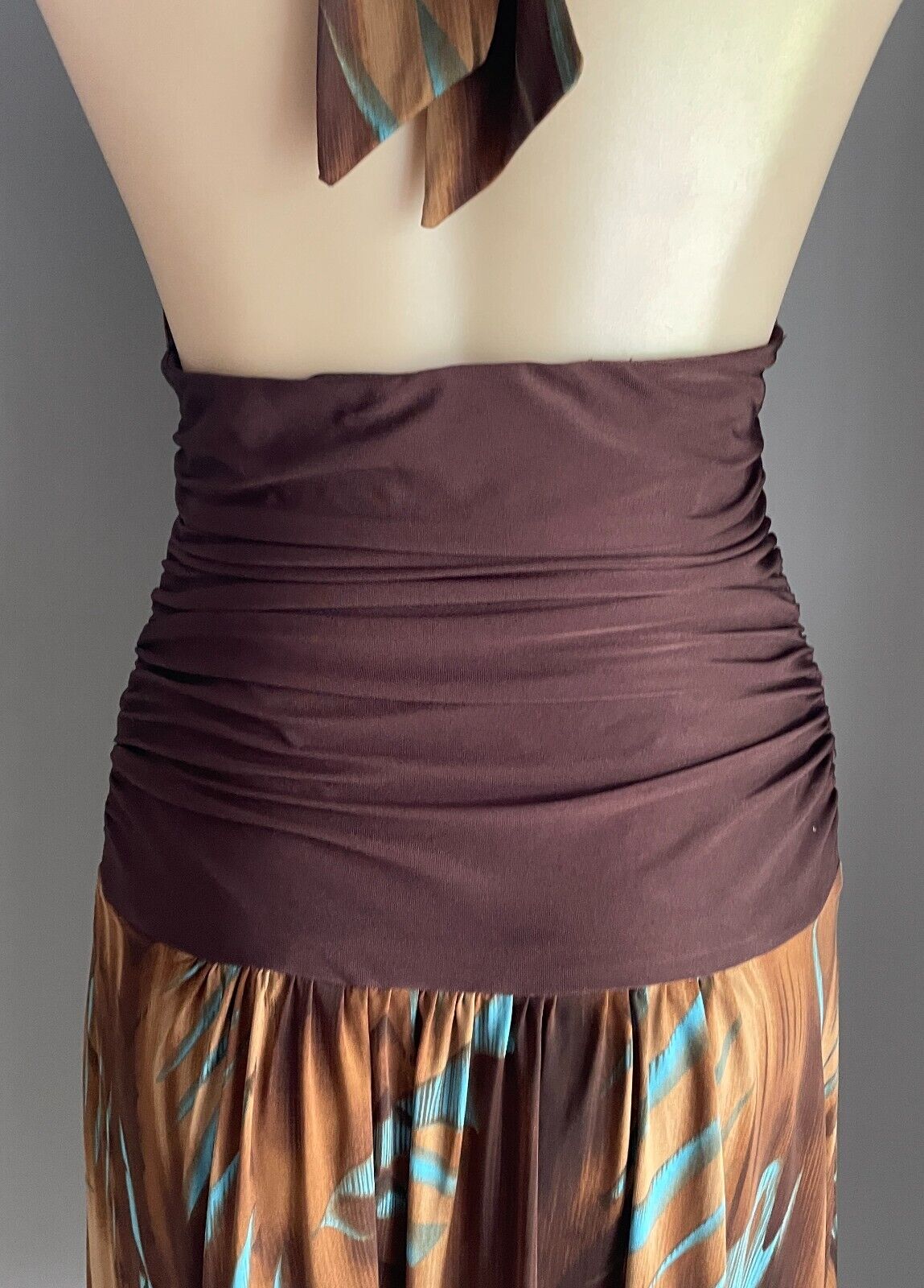 MARTINI Halter Neck Dress Size 12 10 Brown Shades  & Blue Stretch Dip Hem Midi