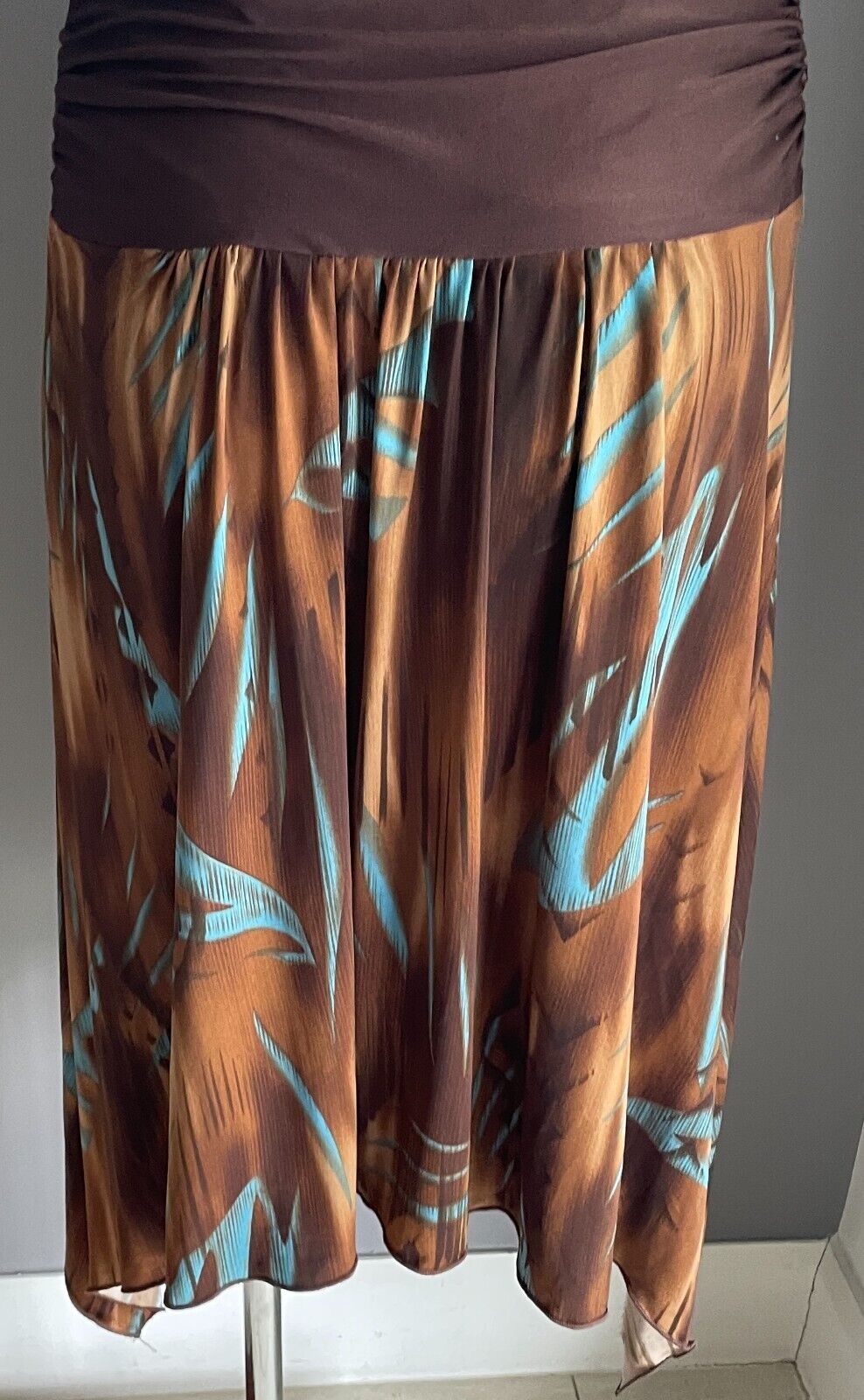 MARTINI Halter Neck Dress Size 12 10 Brown Shades  & Blue Stretch Dip Hem Midi