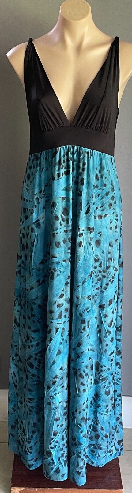 MAJESSTIC Maxi Dress Green Black Blue Animal Leaf Print High Waist Size 16