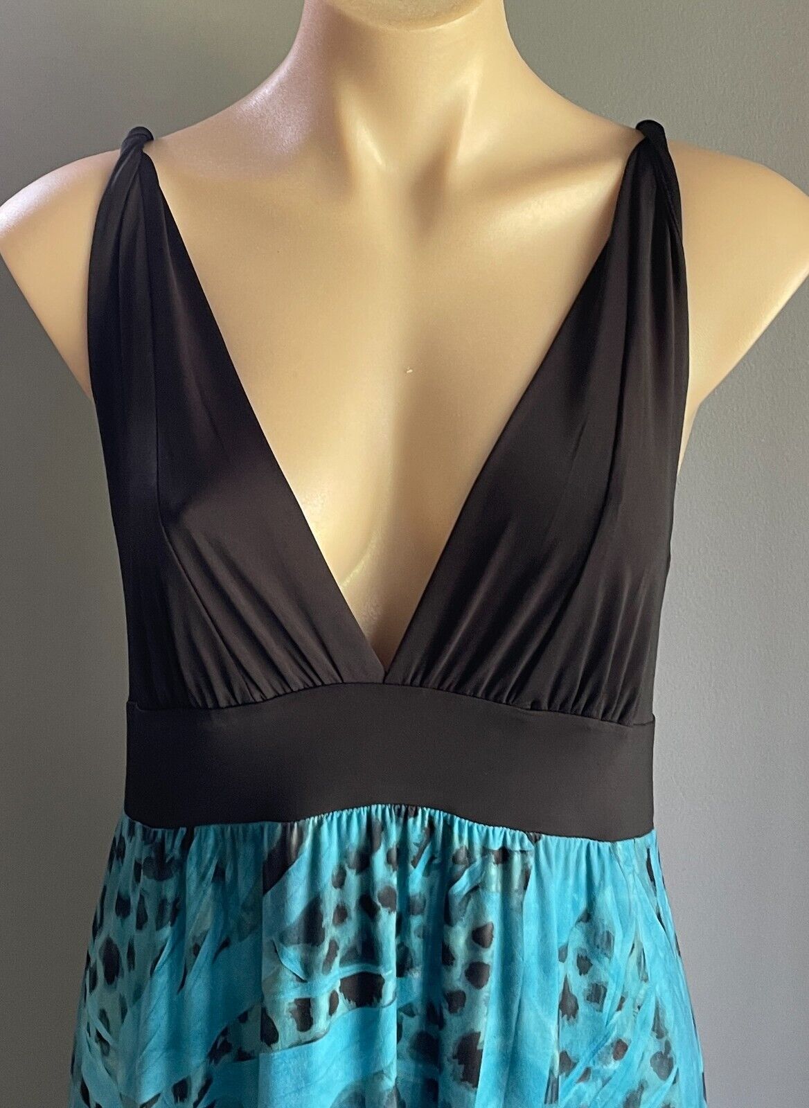 MAJESSTIC Maxi Dress Green Black Blue Animal Leaf Print High Waist Size 16