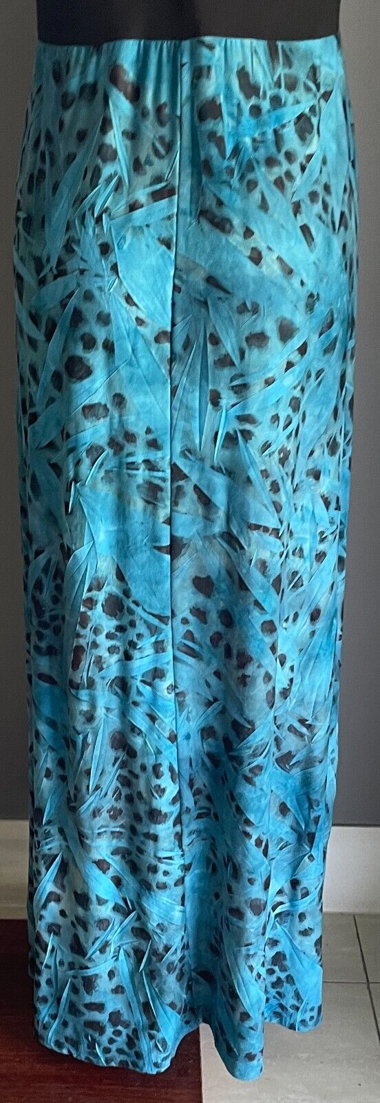 MAJESSTIC Maxi Dress Green Black Blue Animal Leaf Print High Waist Size 16