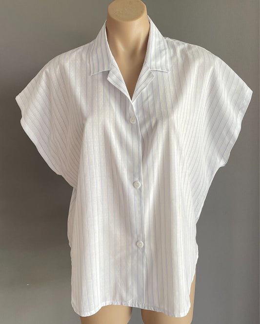 SOLUTIONS Shirt Button Front White & Blue Stripe Size 16 Extended Sleeve Top Vtg