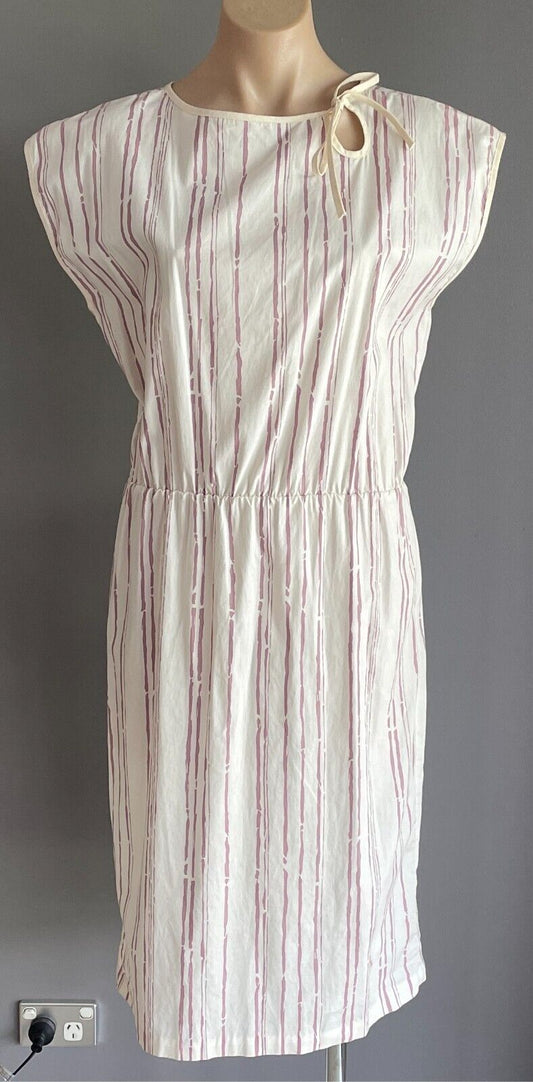 Vintage White & Wine Colour Print Elastic Waist Dress Sleeveless Size 14 Cotton