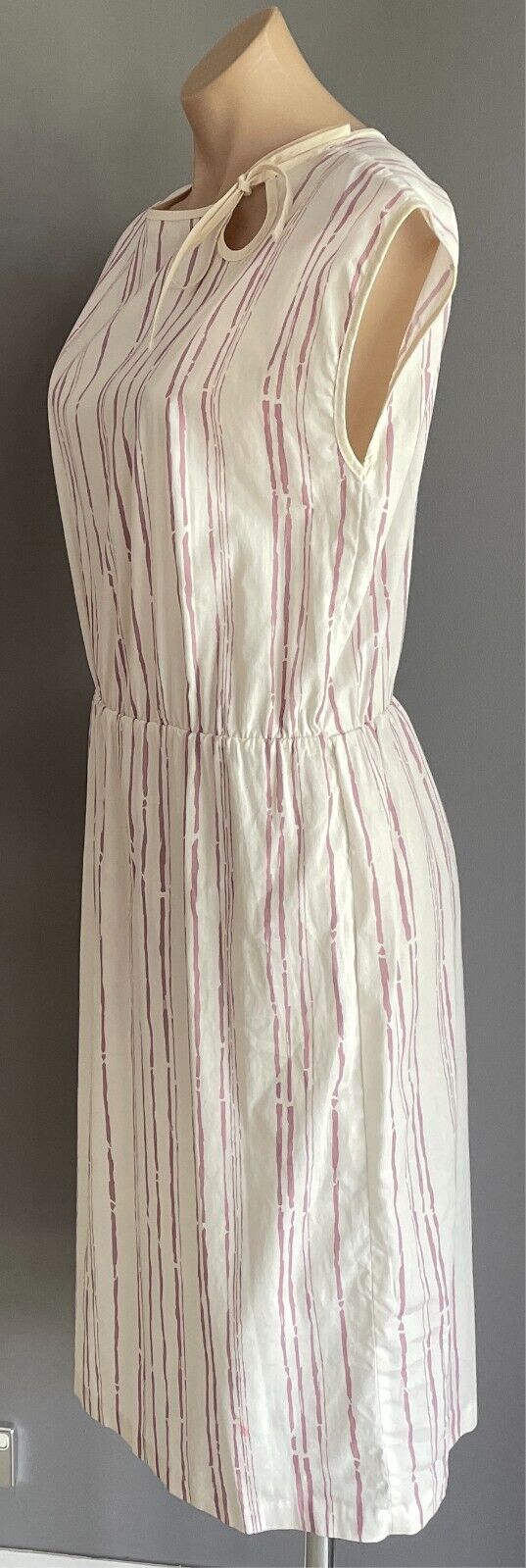 Vintage White & Wine Colour Print Elastic Waist Dress Sleeveless Size 14 Cotton