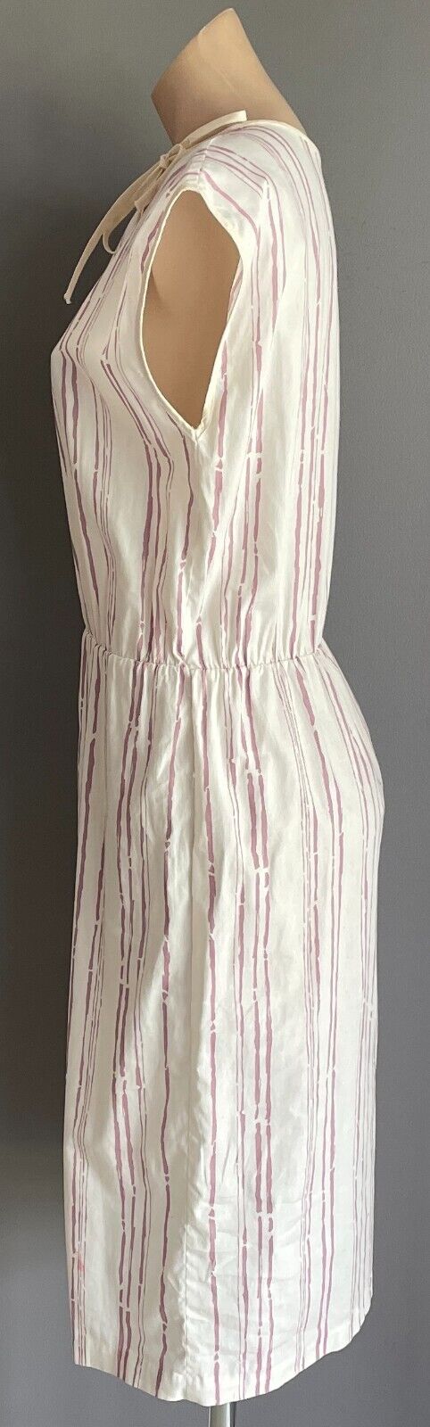 Vintage White & Wine Colour Print Elastic Waist Dress Sleeveless Size 14 Cotton