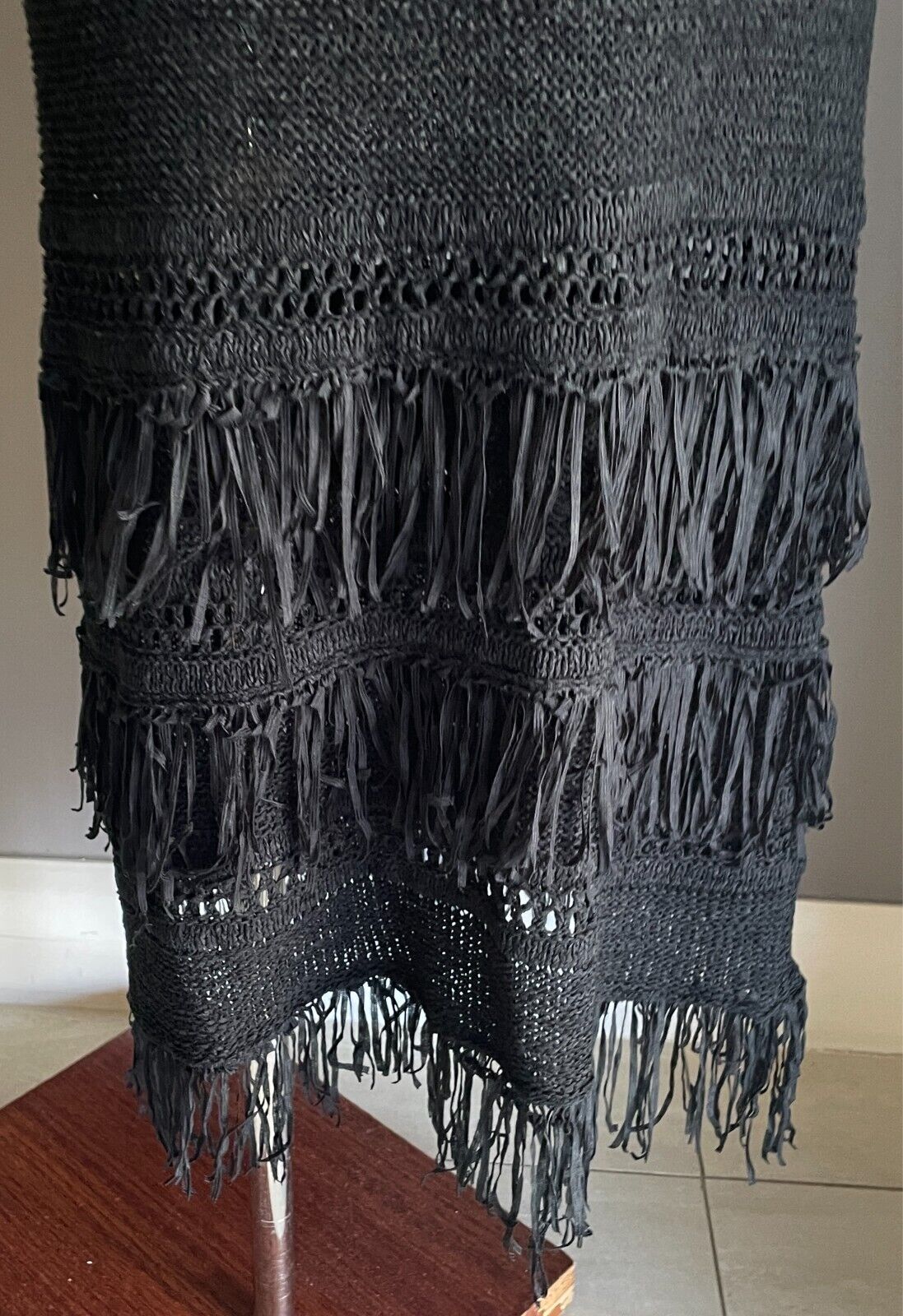TALISMAN LABEL Maxi Skirt Black Knit Size S 10 Elastic Waist Fringe Tier Stretch