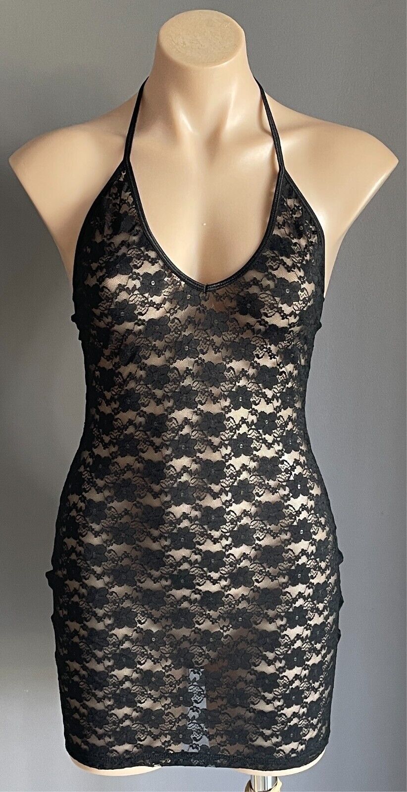 ANN SUMMERS Chemise Black Stretch Lace Size S 10 Halter Neck Mini Beach Cover