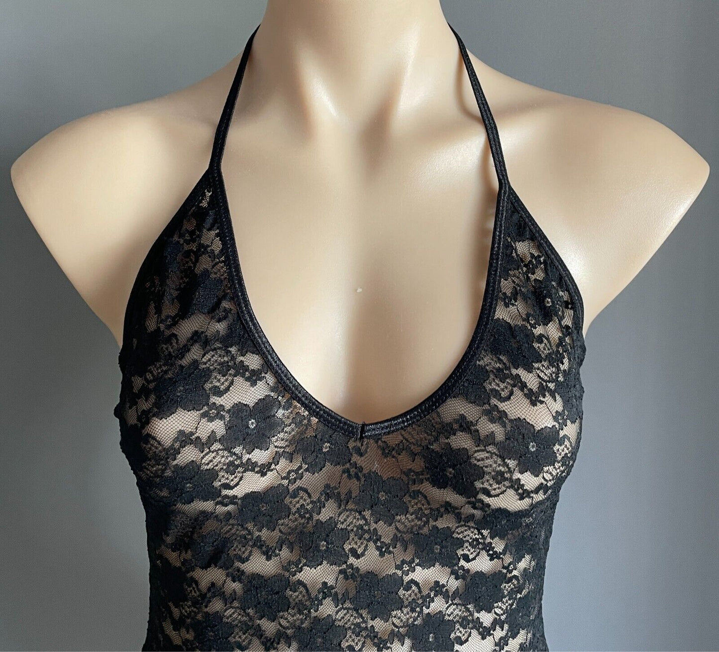 ANN SUMMERS Chemise Black Stretch Lace Size S 10 Halter Neck Mini Beach Cover