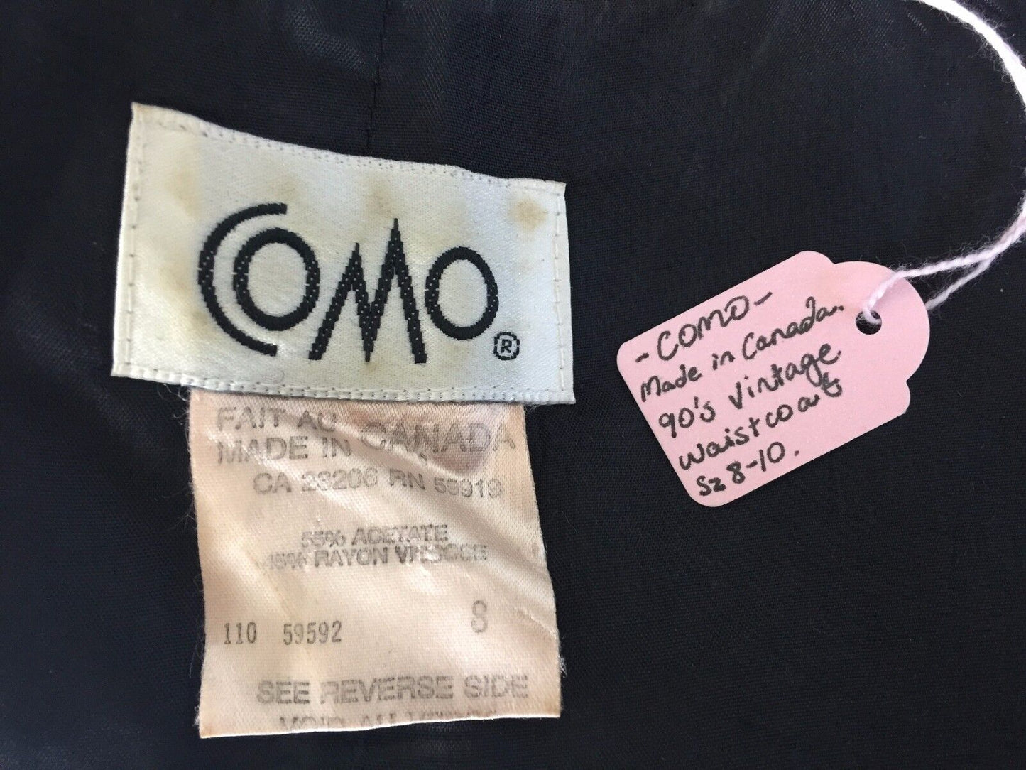 Vintage 1990's COMO Vest Black Sleeveless Crop Lined Size 8 10 Made In Canada