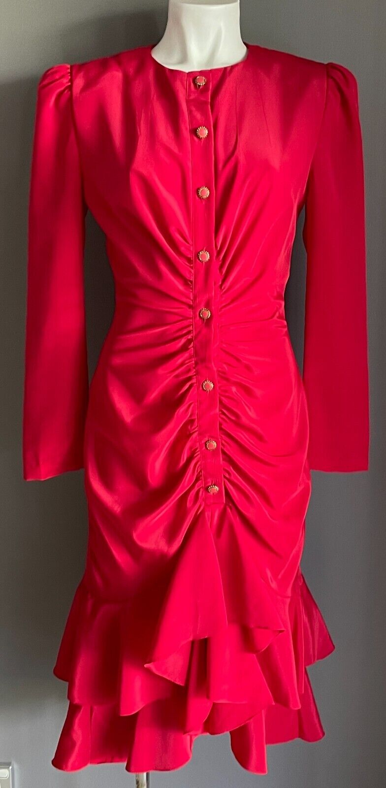 HIGH STREET SYDNEY Red Dress Long Sleeve Size 8 Ruched Button Front Midi 1980s