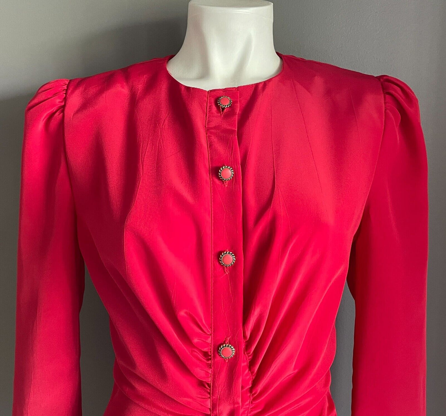 HIGH STREET SYDNEY Red Dress Long Sleeve Size 8 Ruched Button Front Midi 1980s