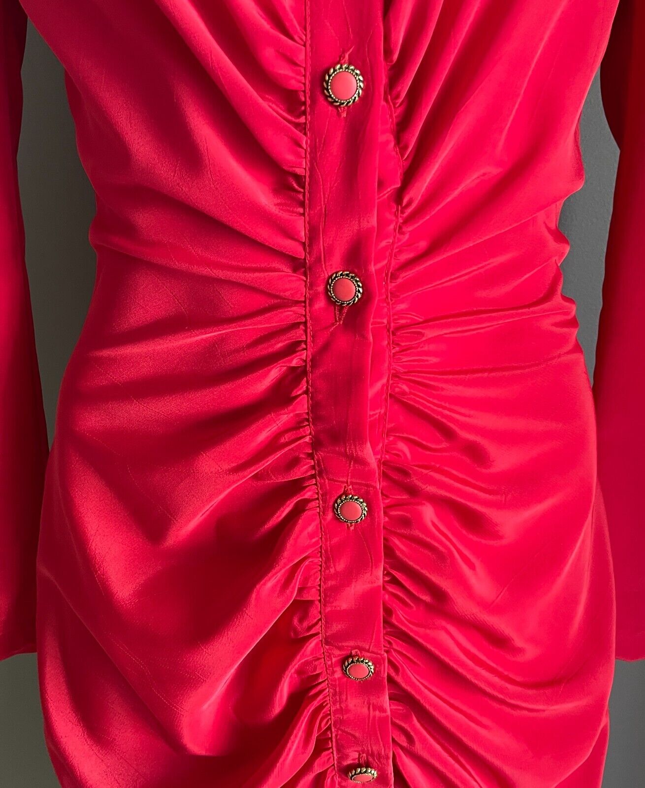 HIGH STREET SYDNEY Red Dress Long Sleeve Size 8 Ruched Button Front Midi 1980s