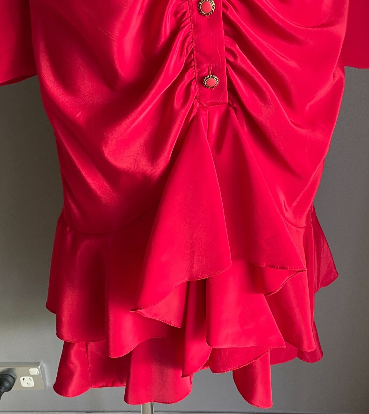 HIGH STREET SYDNEY Red Dress Long Sleeve Size 8 Ruched Button Front Midi 1980s